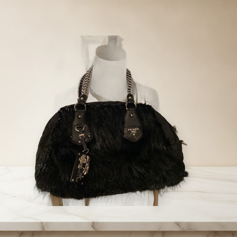 Prada Lagoon Nylon Handbag Raccoon Fur Silver Chain Black
