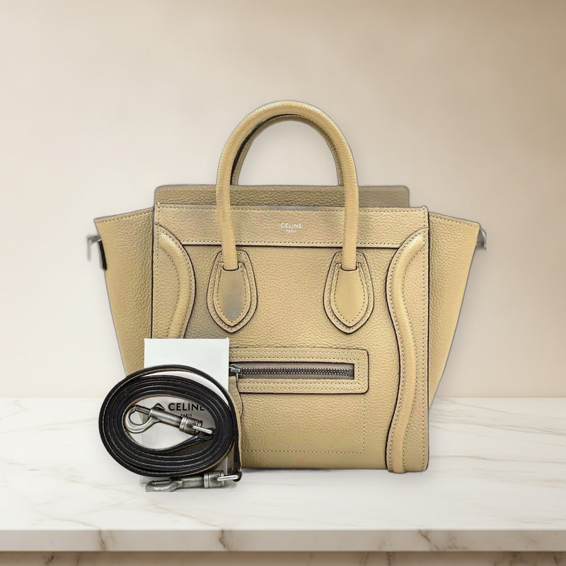 Celine Luggage Nano F-AT-2159 Handbag Drummed Calfskin Dune Silver Hardware