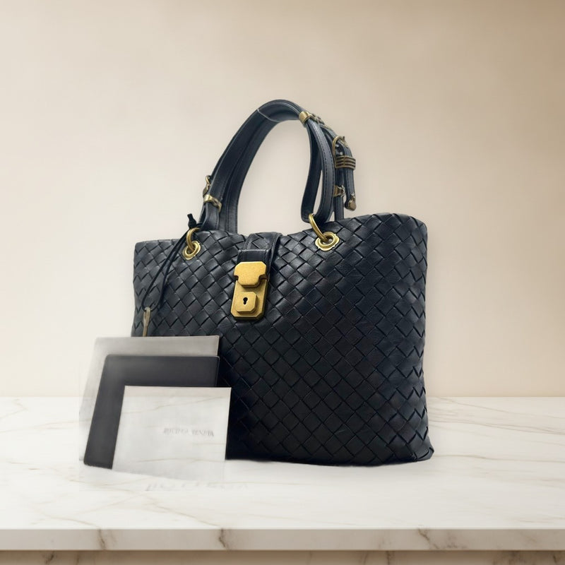 Bottega Veneta Intrecciato Handbag Tote Black Leather Gold Hardware