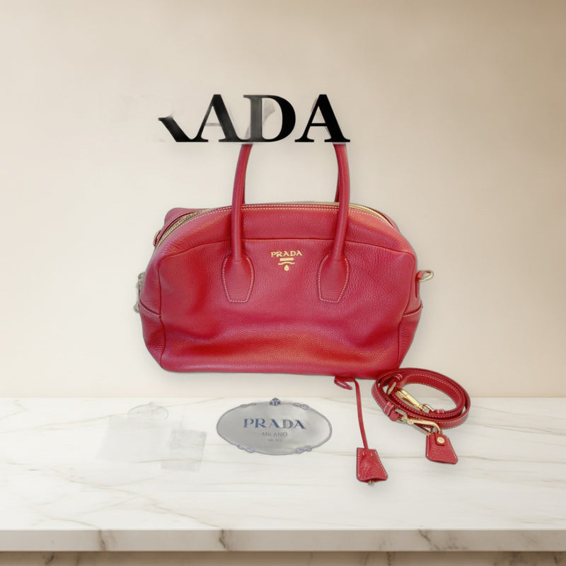 Prada 2way Boston Bag Shoulder Handbag Leather Red