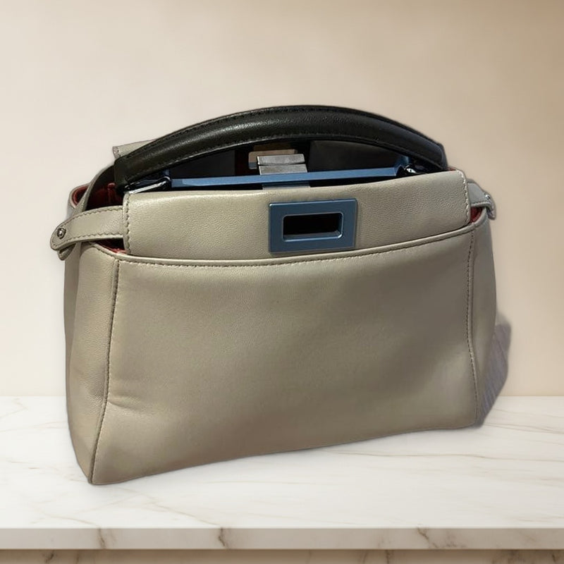 Fendi Peekaboo Handbag Beige Leather Orange Interior Blue Hardware
