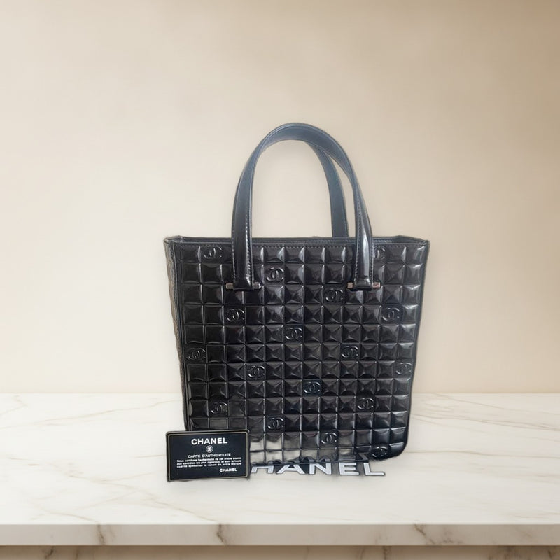Chanel Chocolate Bar Tote Bag Patent Leather Black Metal Hardware