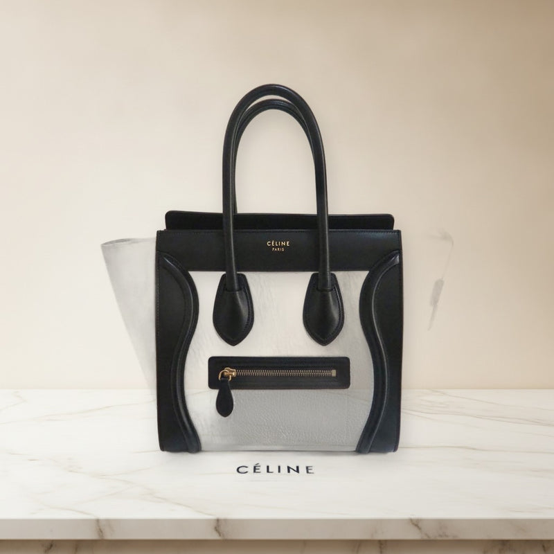 Celine Luggage Micro Shopper Handbag Tricolor Leather White Black Beige