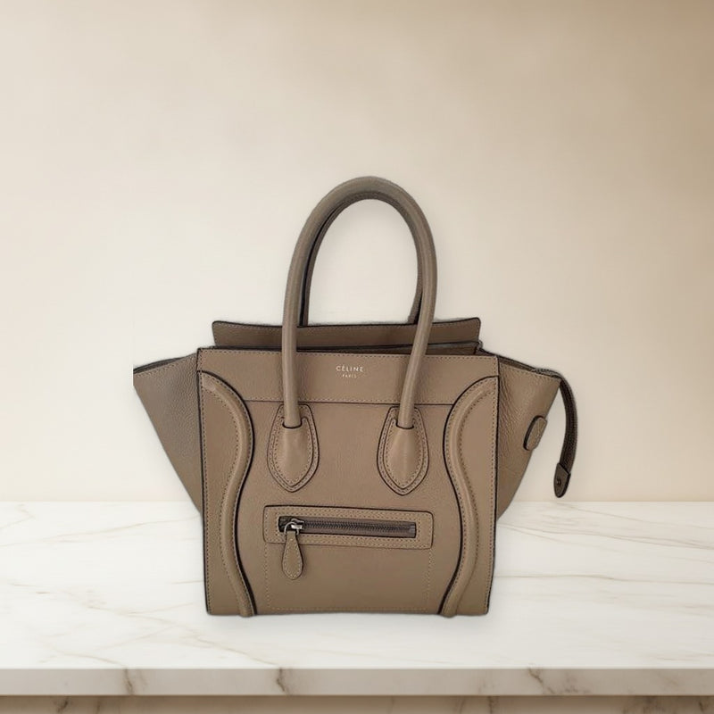Celine Luggage Micro Tote Bag Leather Greige Handbag Old Logo