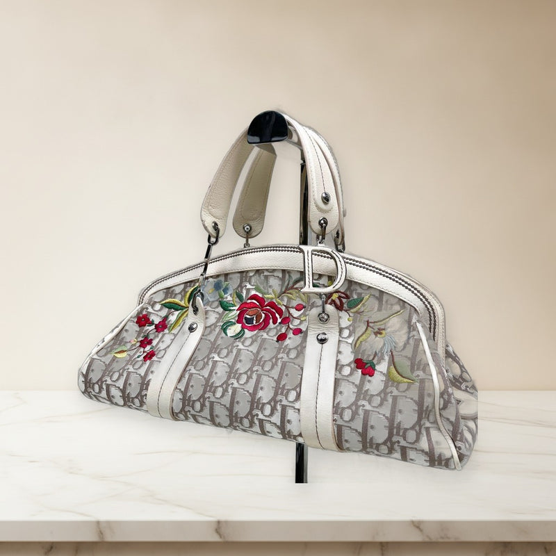 Christian Dior Trotter Flower Embroidery Handbag Canvas Leather White Beige
