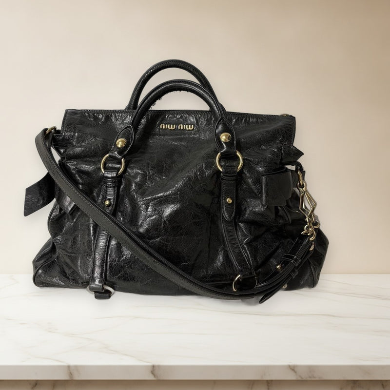 Miu Miu Vitello Lux Ribbon Bag 2-Way Shoulder Handbag Black Leather