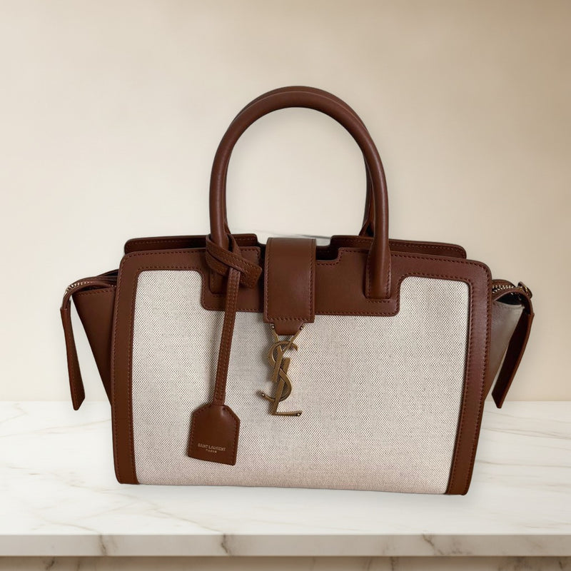 Saint Laurent Downtown Handbag Canvas Leather Beige Brown