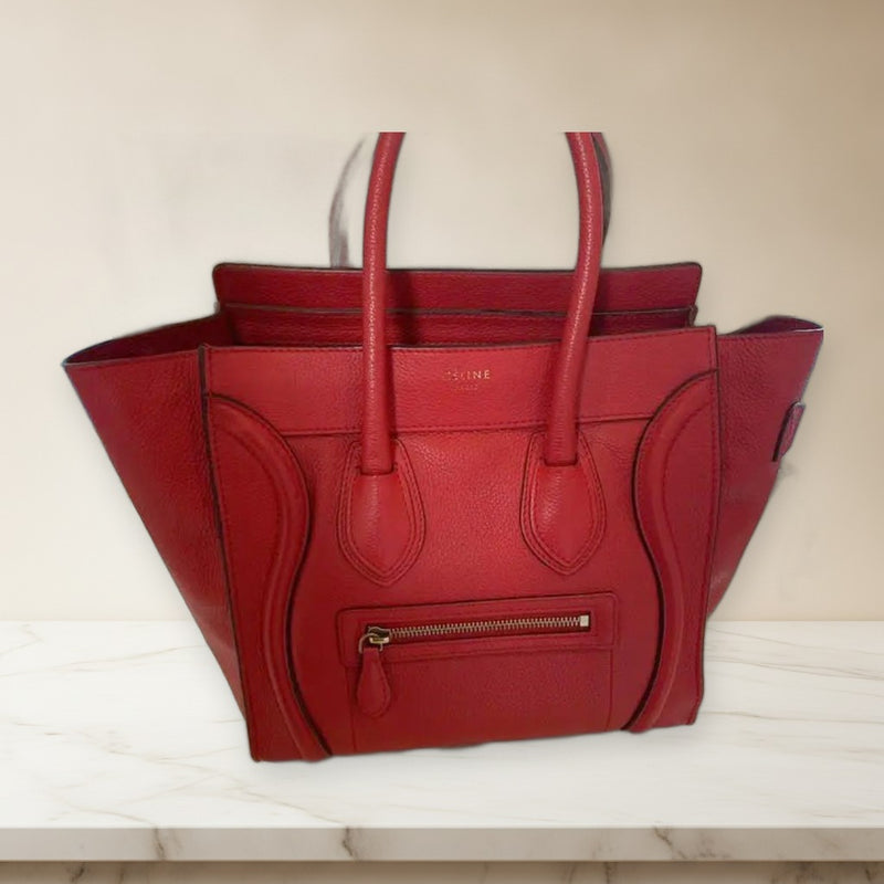 Celine Luggage Micro Tote Bag Handbag Genuine Leather Red