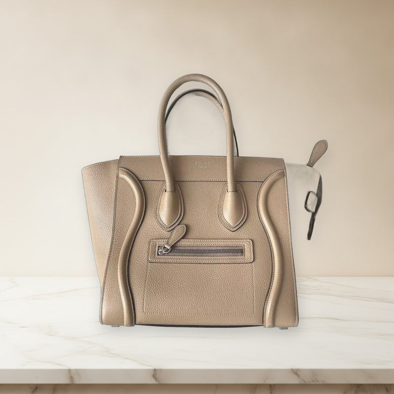 Celine Micro Handbag Tote Shoulder Bag Beige Leather