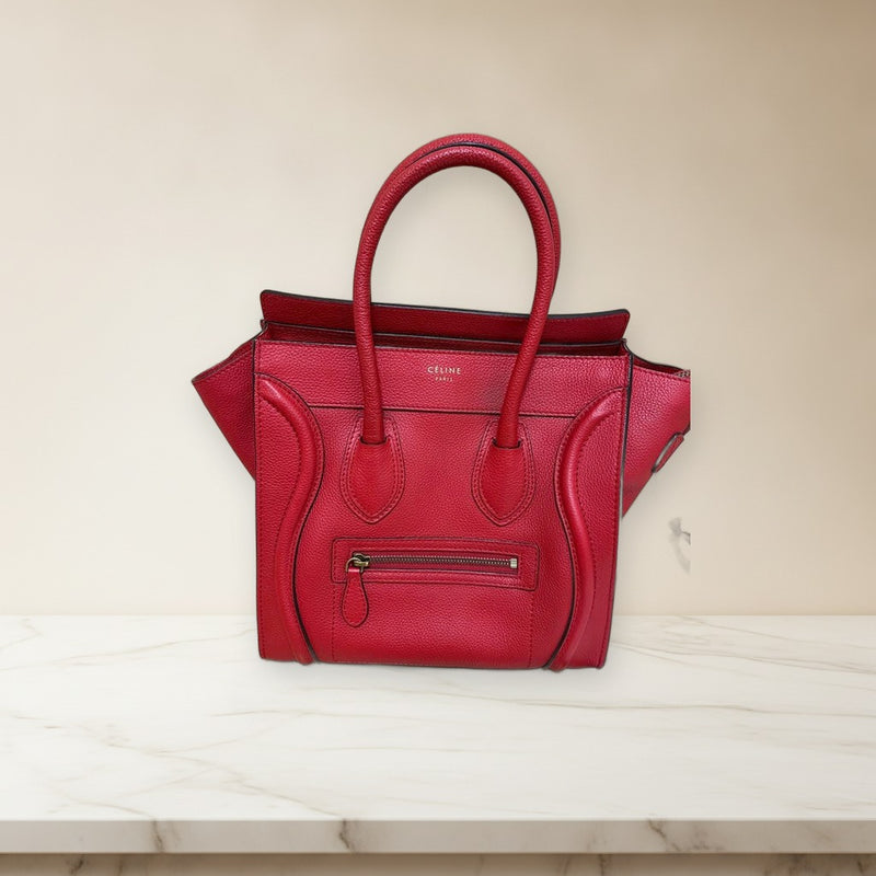 Celine Luggage Micro Handbag Red Leather Tote Bag