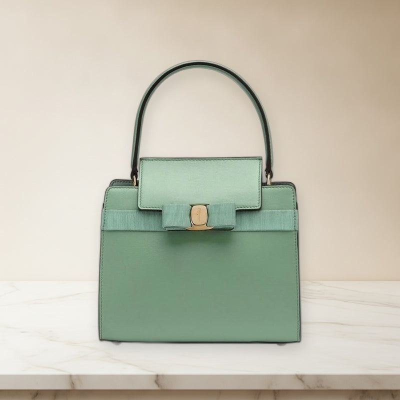 Ferragamo Vara Bow Tote Bag Green Leather Handbag