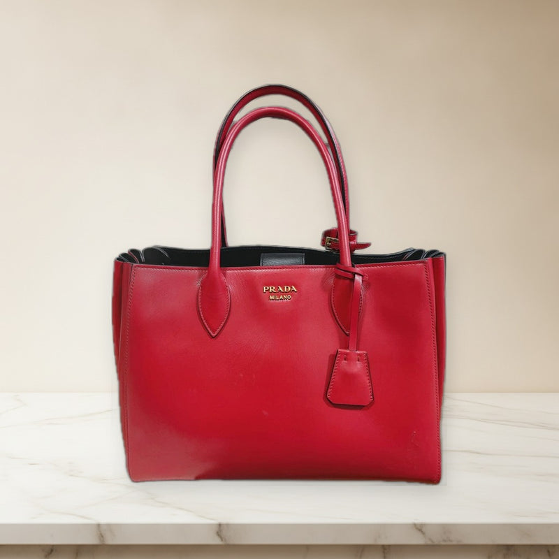 Prada Bibliotheque 1BG098 Handbag Shoulder Bag Leather Red Black