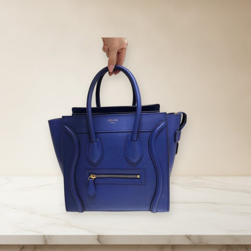 Celine Luggage Micro Shopper Handbag Leather Indigo Gold Hardware