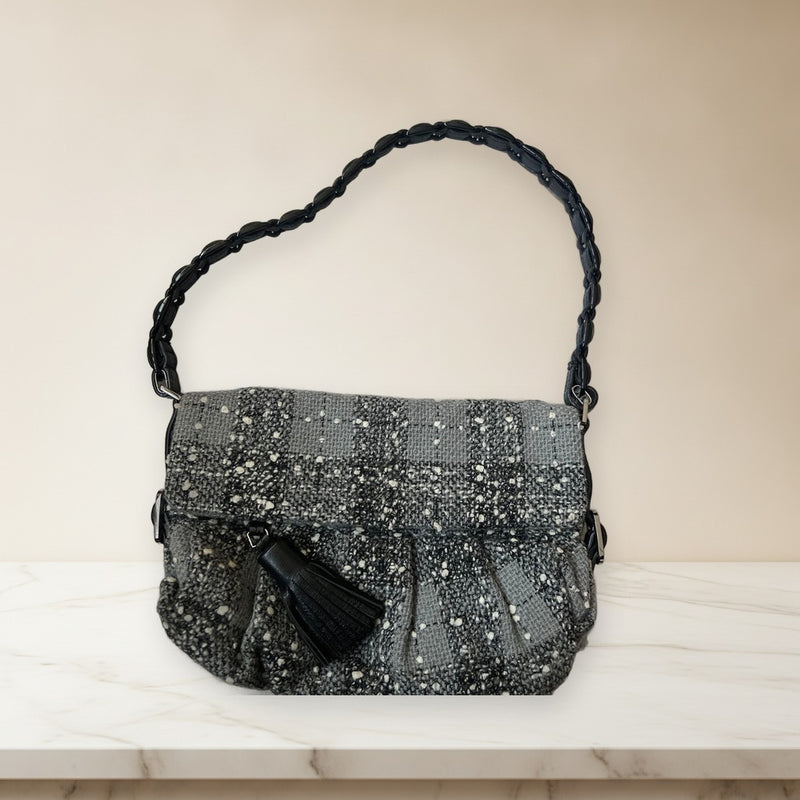 Ferragamo Tweed Check Handbag Shoulder Bag Gray Tassels