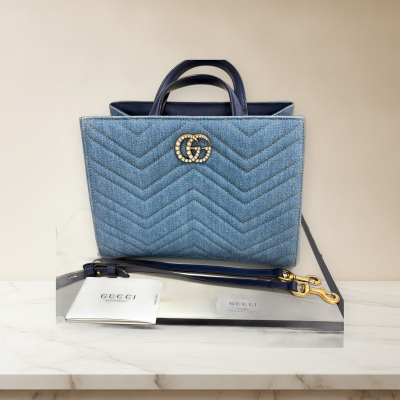 Gucci Gg Logo Pearl Denim Handbag Shoulder Bag Blue