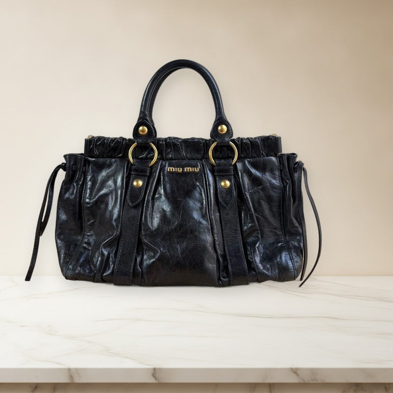 Miu Miu Vitello Lux Ribbon Bag Hand Shoulder Bag Black Leather