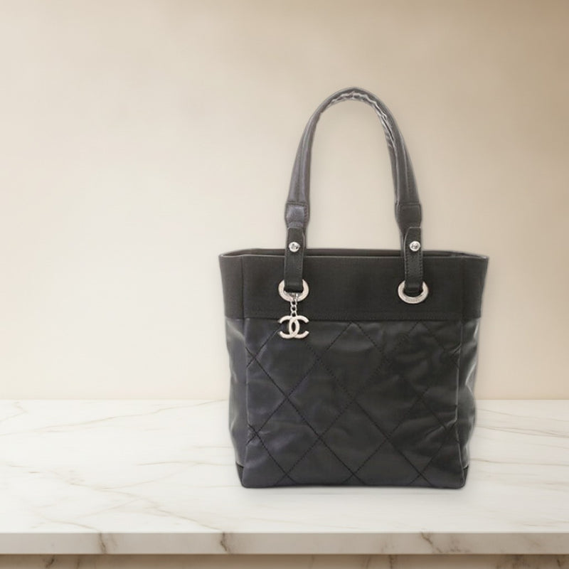 Chanel Paris Biarritz Tote Pm Handbag Canvas Leather Black Silver Hardware