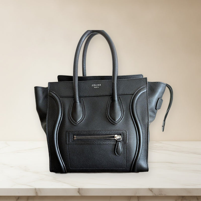 Celine Micro Luggage Handbag Drummed Calfskin Leather Black