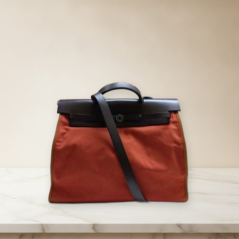 Hermes Herbag Zip 39 Ar□p Handbag Toile Officier Canvas Leather Red Silver