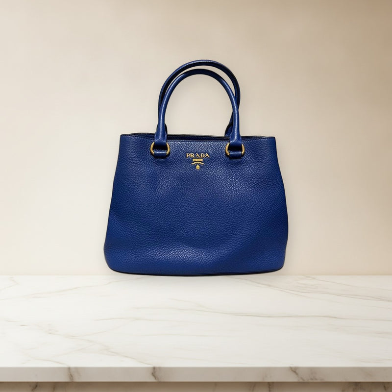 Prada Vitello Phenix Shoulder Bag Handbag Tote Leather Royal
