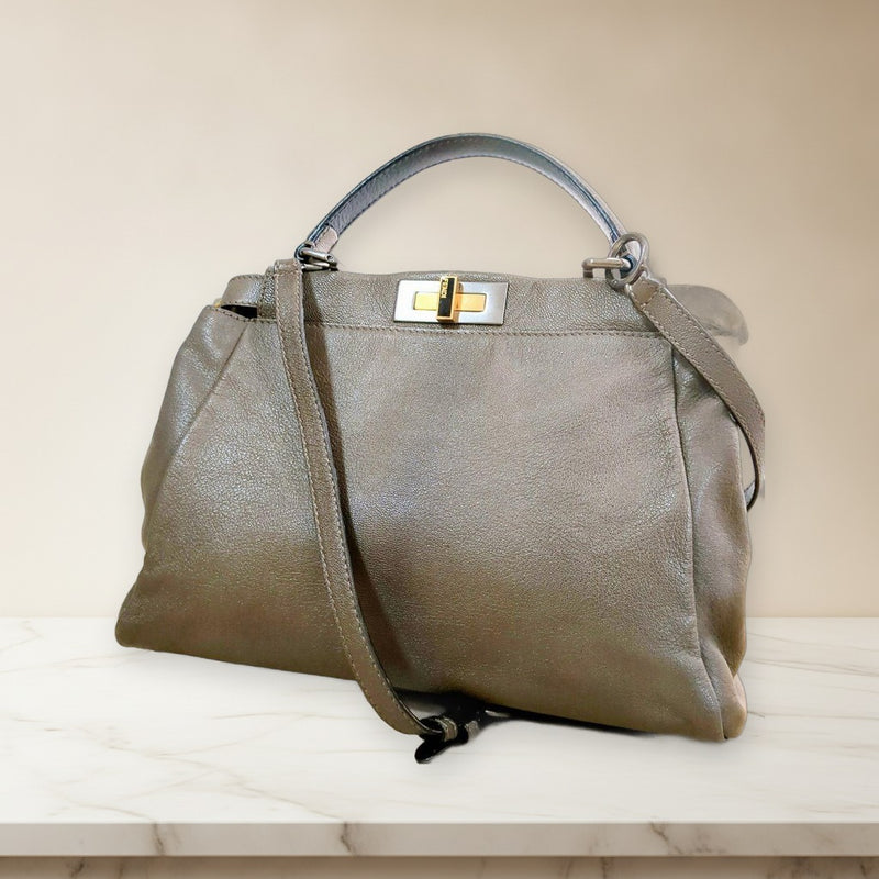 Fendi Peekaboo Medium Chevre 8BN226 2WAY Handbag Gray Leather Silver Gold