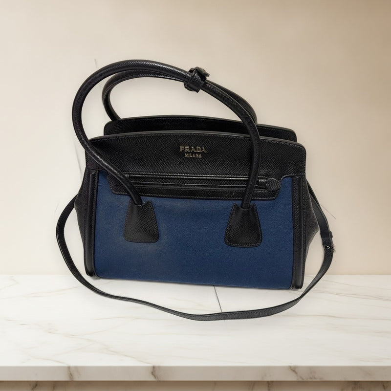 Prada Handbag Canvas Leather Shoulder Bag Navy Black