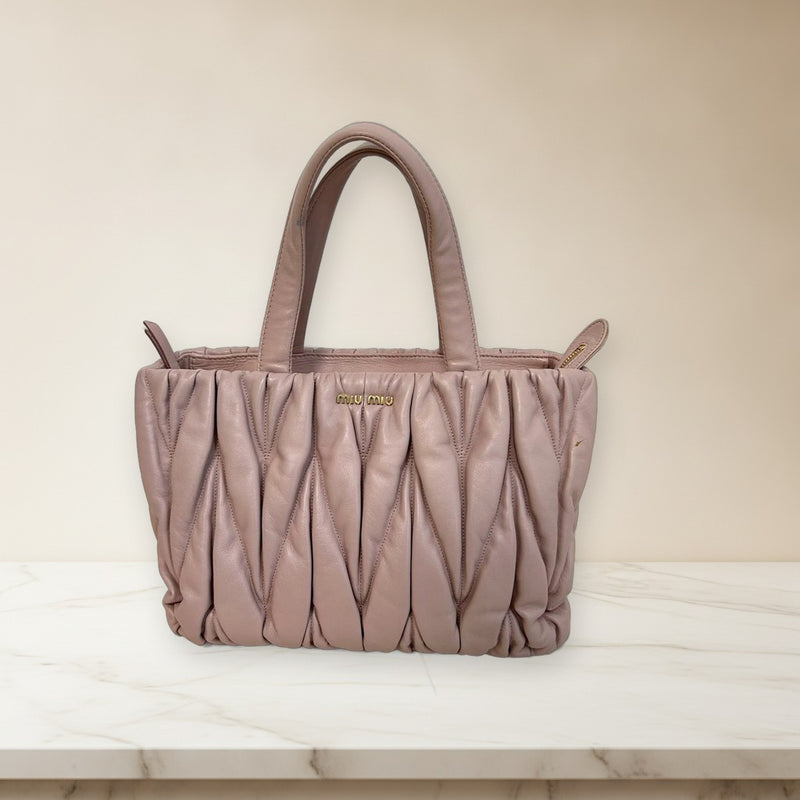Miu Miu Matelasse 5BG062 2-Way Shoulder Handbag Sheep Leather Pink Beige