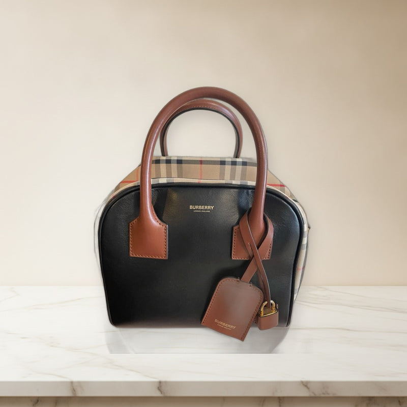Burberry Multi-tone Handbag Tote Shoulder Bag Cowhide Leather Black Brown Check