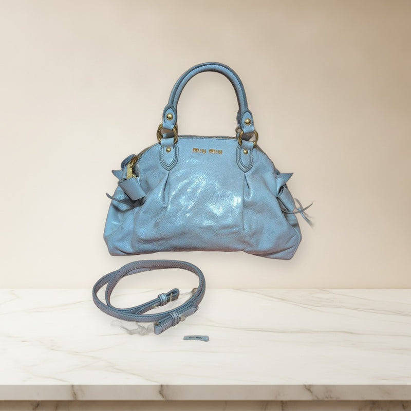Miu Miu Handbag Shoulder Bag Crossbody Gray Leather Gold Hardware