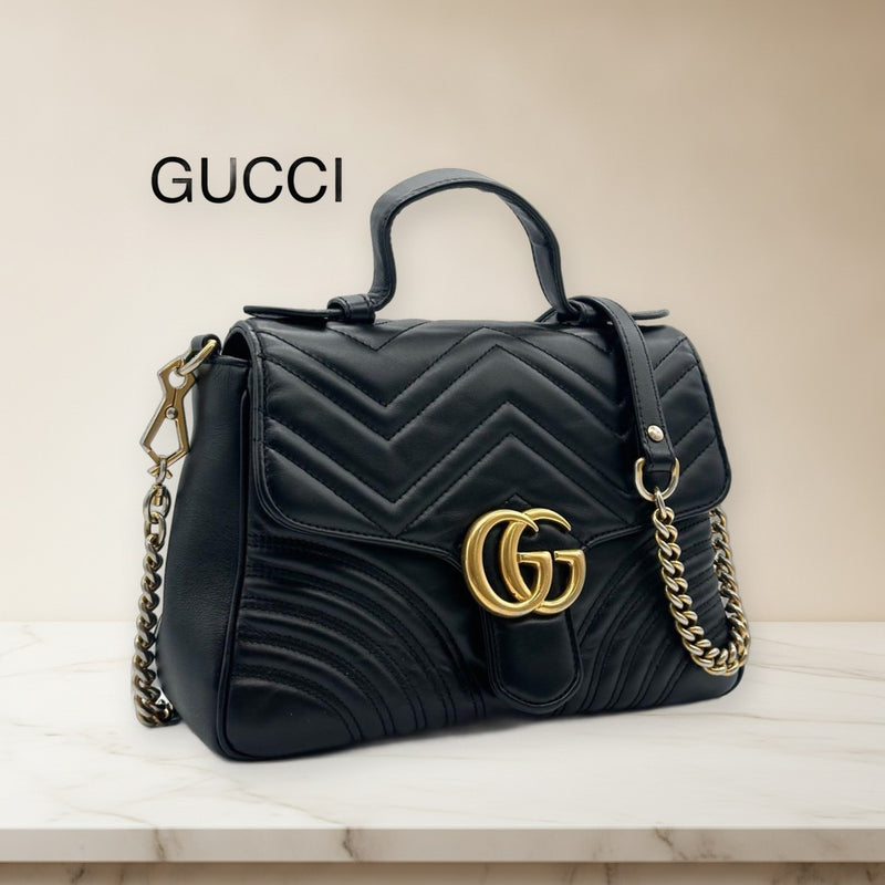 Gucci Gg Marmont 498110 2-Way Handbag Shoulder Bag Black Leather Gold Hardware