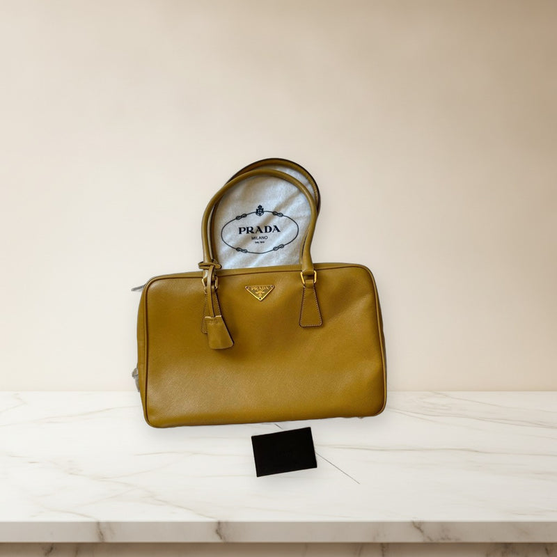 Prada Saffiano Lux Handbag Miele Beige Cowhide Leather Gold Hardware