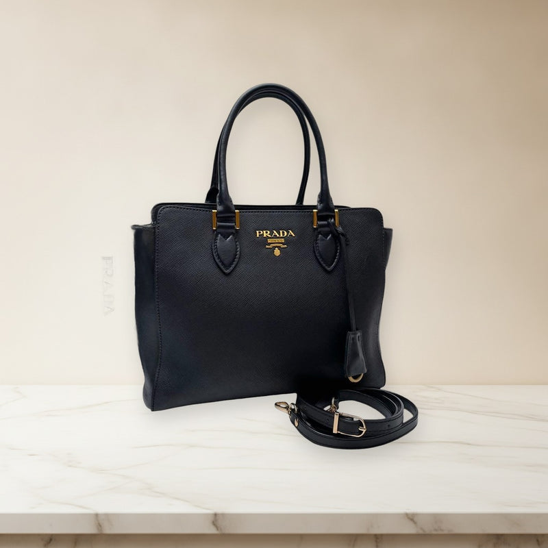 Prada Saffiano Leather 2way Hand Shoulder Bag Black