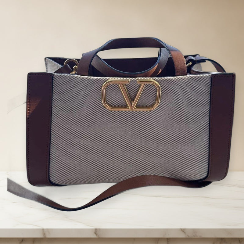 Valentino Garavani Vlogo Signature Tote Bag Canvas Natural Brown Gold Hardware