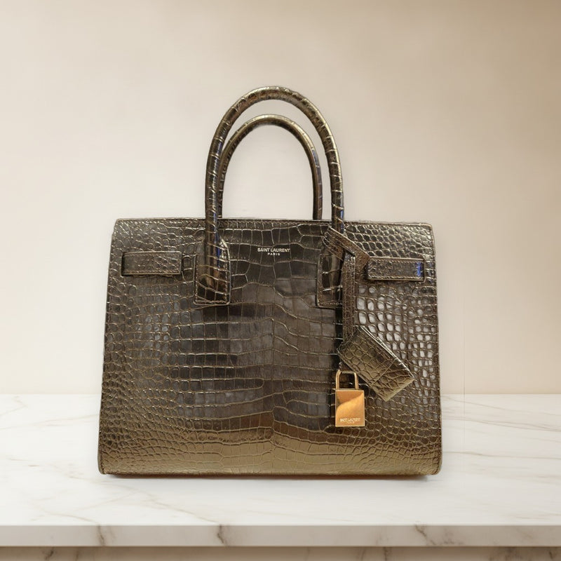 Saint Laurent Baby Sac De Jour Handbag Black Crocodile Embossed Silver Hardware