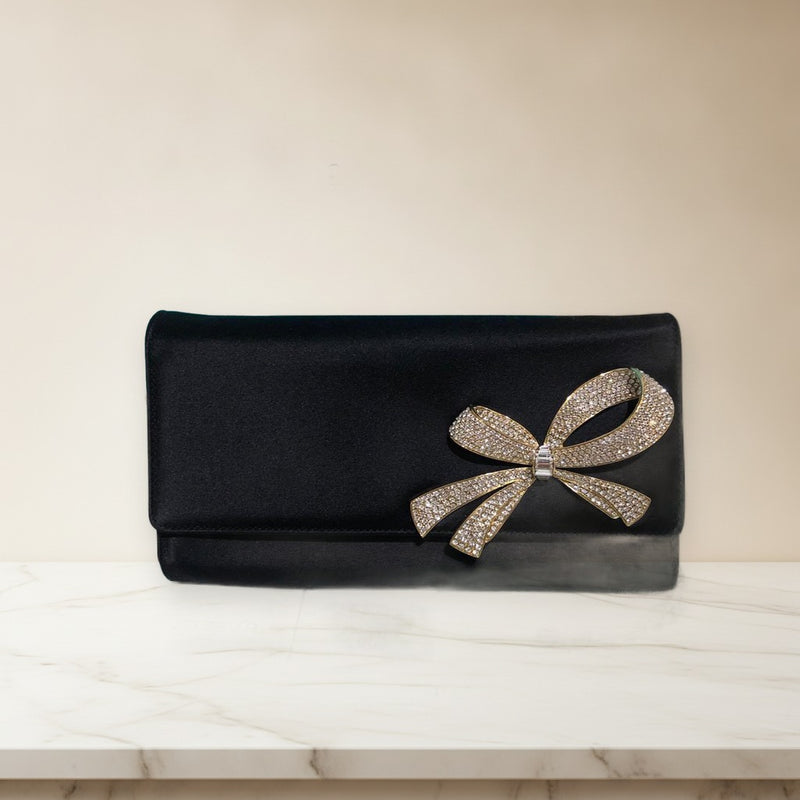 Tiffany Co. Satin Rhinestone Ribbon Party Handbag Clutch Black