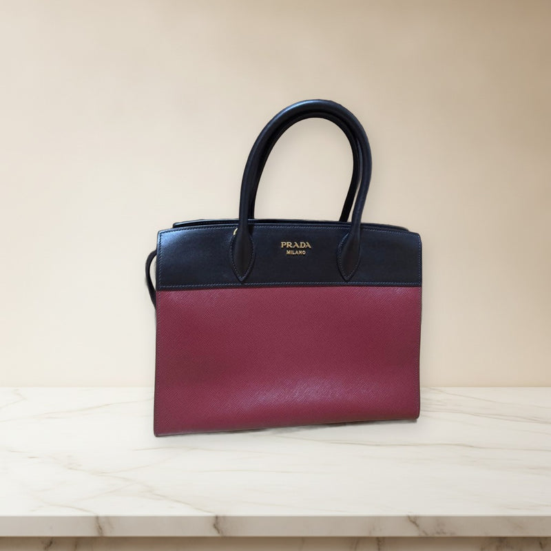 Prada Saffiano City C Medium 2-Way Handbag Shoulder Bag Cerise Nero