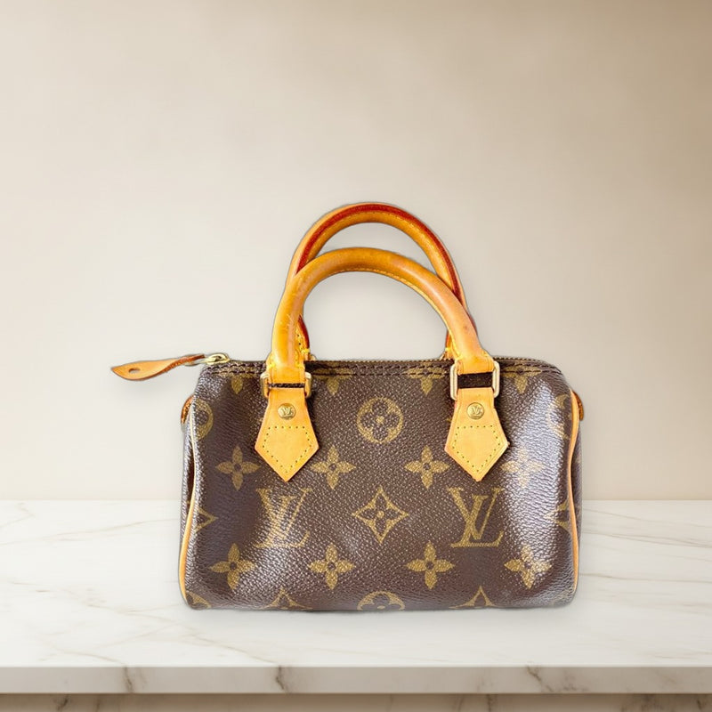 Louis Vuitton Monogram Mini Speedy Handbag Pouch Brown Leather Logo Print
