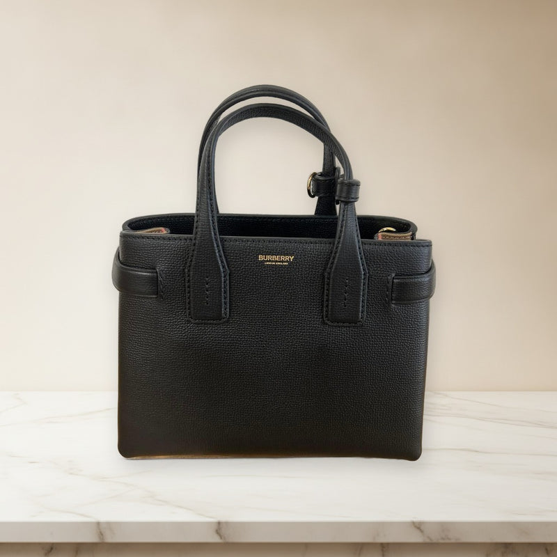 Burberry Banner Bag 2-Way Handbag Shoulder Bag Black Leather