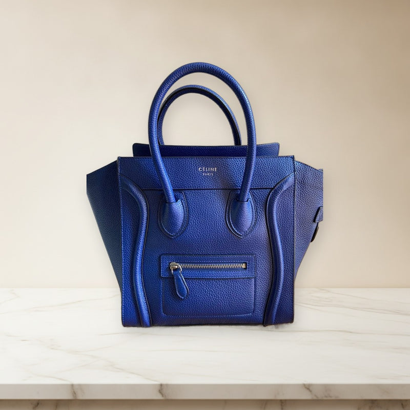 Celine Luggage Micro Shopper Handbag Blue Leather