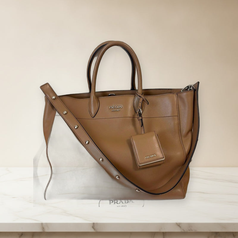 Prada Tote Bag Camel Leather Shoulder Handbag
