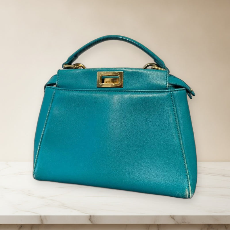 Fendi Peekaboo Mini Handbag Crossbody Shoulder Bag Green Leather Gold Hardware