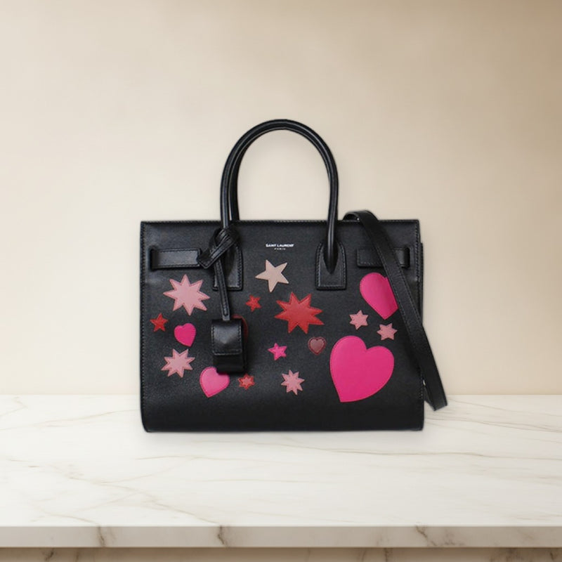 Saint Laurent Sac De Jour Baby Heart Star Handbag Black Leather Gold Hardware