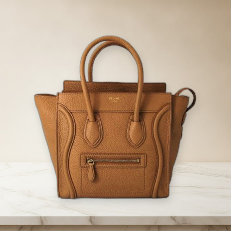 Celine Luggage Mini Handbag Drummed Calfskin Camel Brown Tote Bag