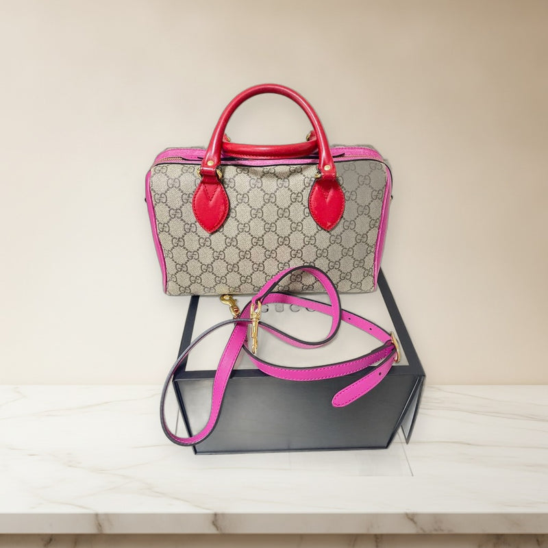 Gucci Gg Pattern Handbag Canvas Leather Beige Pink Red Shoulder Bag