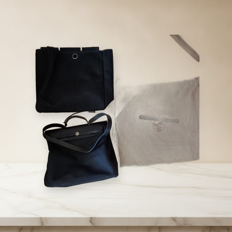 Hermes Herbag Mm 2-Way Shoulder Bag Canvas Leather Black Padlock