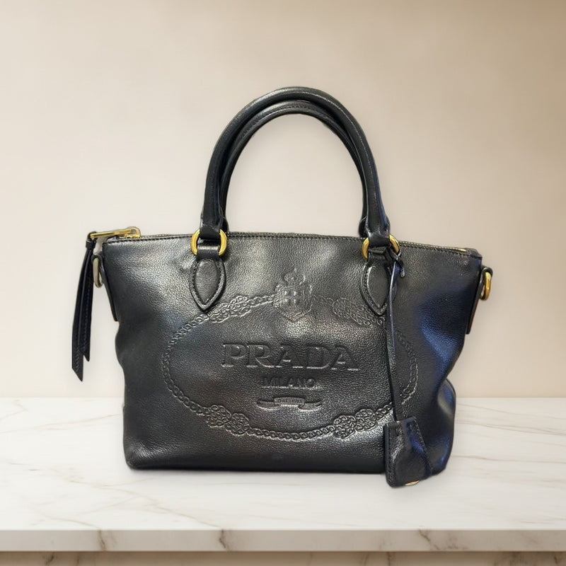 Prada 1BA579 Tote Bag Leather Black Handbag