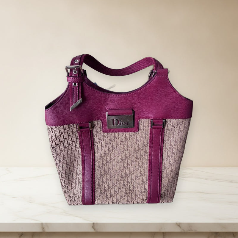 Dior Logo Design Tote Bag Canvas Leather Red Beige Handbag