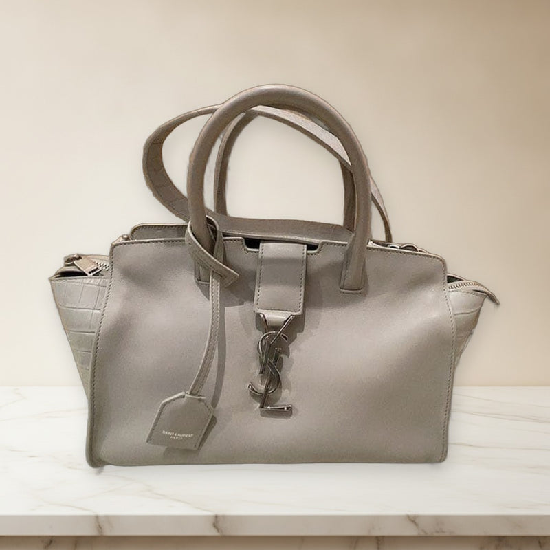 Yves Saint Laurent Downtown Handbag Croc Embossed Leather Gray