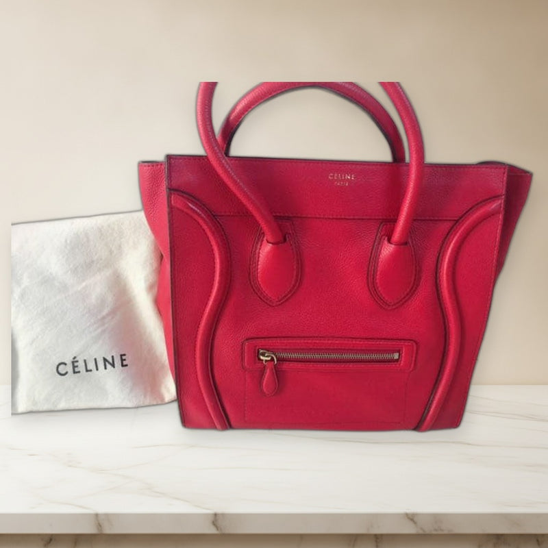 Celine Luggage Mini Shopper Handbag Red Leather Silver Hardware