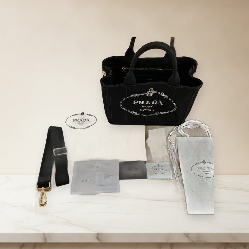 Prada Canapa Handbag Tote Shoulder Bag Canvas Black